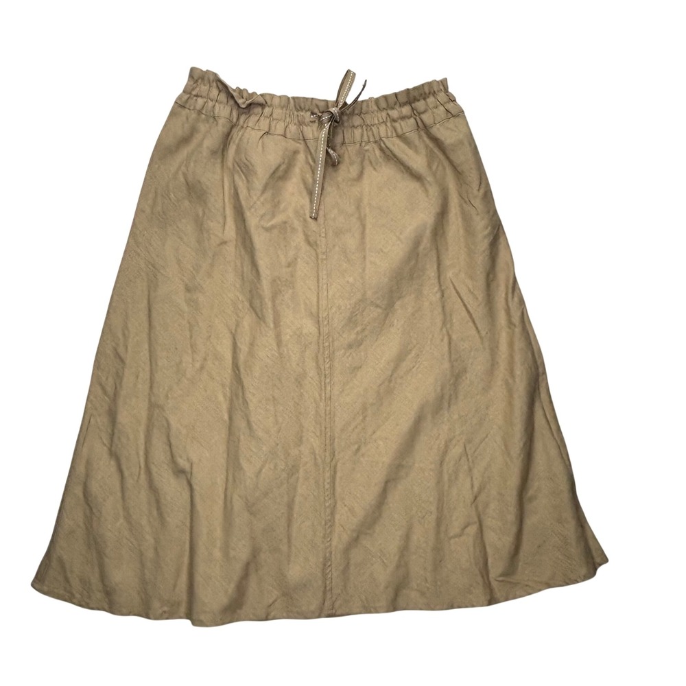 H&M Skirt Women 8 Tan Beige Linen Blend Elastic Paperbag Waist Drawstring Midi